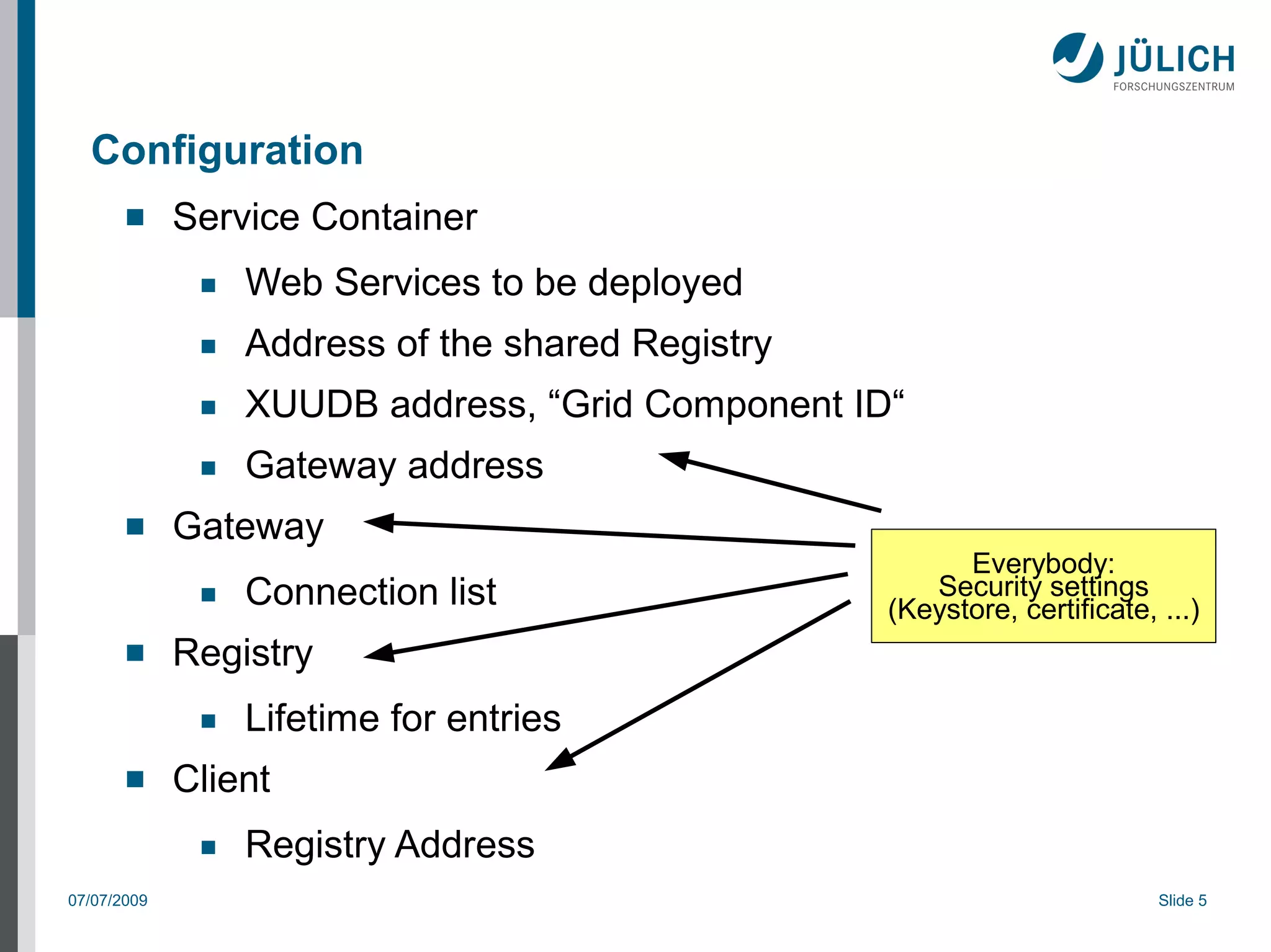 Configuration
            Service Container
              ■   Web Services to be deployed
              ■   Address of the shared Registry
              ■   XUUDB address, “Grid Component ID“
              ■   Gateway address
            Gateway
                                                         Everybody:
              ■   Connection list                     Security settings
                                                   (Keystore, certificate, ...)
            Registry
              ■   Lifetime for entries
            Client
              ■   Registry Address
07/07/2009                                                                 Slide 5
 