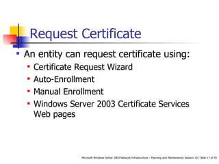 Request Certificate An entity can request certificate using: Certificate Request Wizard  Auto-Enrollment  Manual Enrollment  Windows Server 2003 Certificate Services Web pages  
