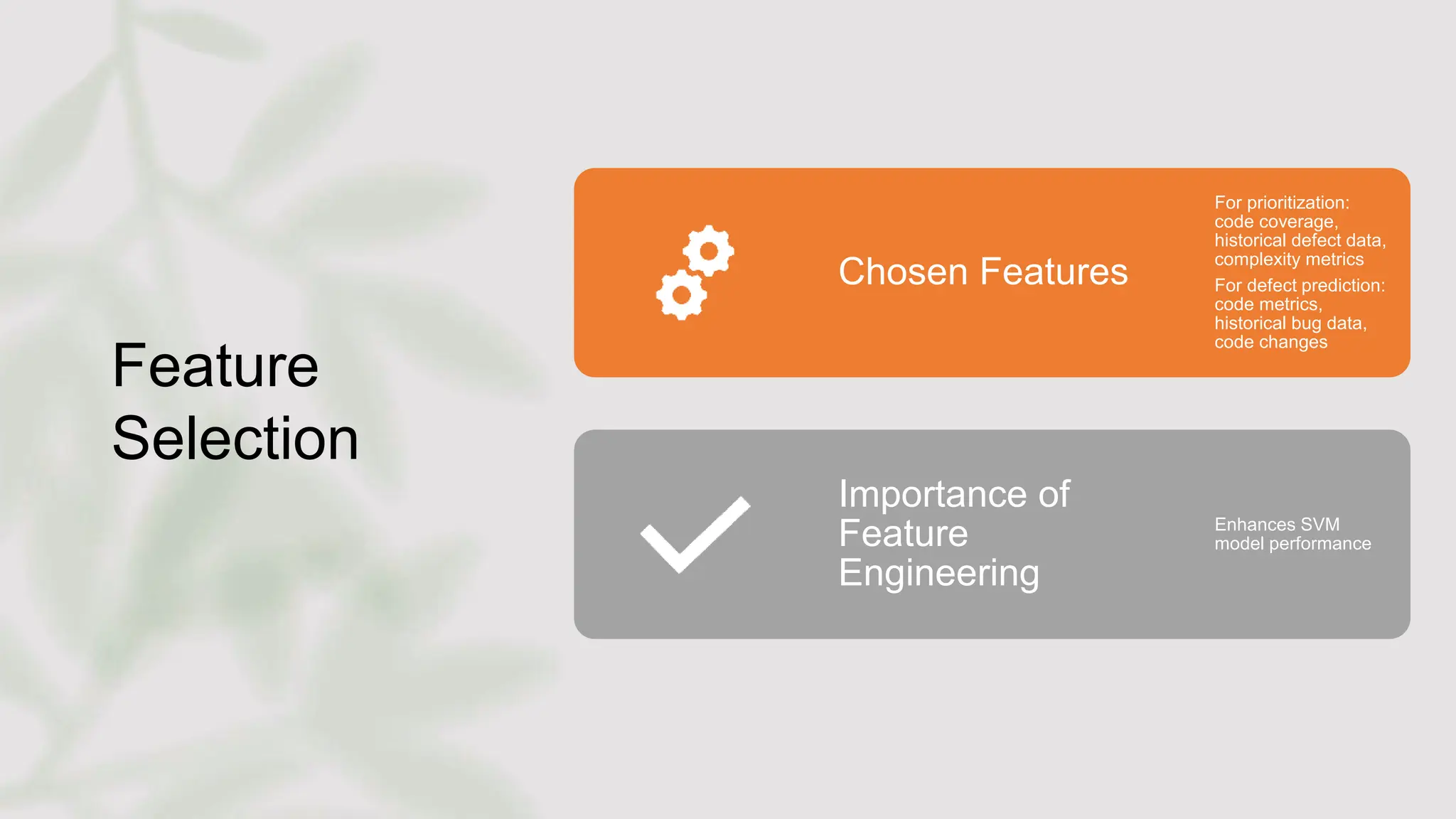 Feature
Selection
Chosen Features
For prioritization:
code coverage,
historical defect data,
complexity metrics
For defect prediction:
code metrics,
historical bug data,
code changes
Importance of
Feature
Engineering
Enhances SVM
model performance
 