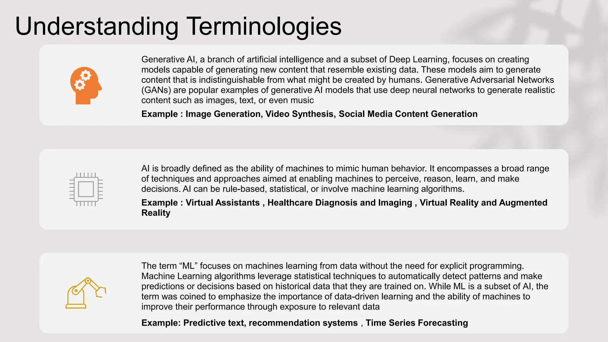 Understanding Terminologies
Generative AI, a branch of artificial intelligence and a subset of Deep Learning, focuses on creating
models capable of generating new content that resemble existing data. These models aim to generate
content that is indistinguishable from what might be created by humans. Generative Adversarial Networks
(GANs) are popular examples of generative AI models that use deep neural networks to generate realistic
content such as images, text, or even music
Example : Image Generation, Video Synthesis, Social Media Content Generation
AI is broadly defined as the ability of machines to mimic human behavior. It encompasses a broad range
of techniques and approaches aimed at enabling machines to perceive, reason, learn, and make
decisions. AI can be rule-based, statistical, or involve machine learning algorithms.
Example : Virtual Assistants , Healthcare Diagnosis and Imaging , Virtual Reality and Augmented
Reality
The term “ML” focuses on machines learning from data without the need for explicit programming.
Machine Learning algorithms leverage statistical techniques to automatically detect patterns and make
predictions or decisions based on historical data that they are trained on. While ML is a subset of AI, the
term was coined to emphasize the importance of data-driven learning and the ability of machines to
improve their performance through exposure to relevant data
Example: Predictive text, recommendation systems​ , Time Series Forecasting
 