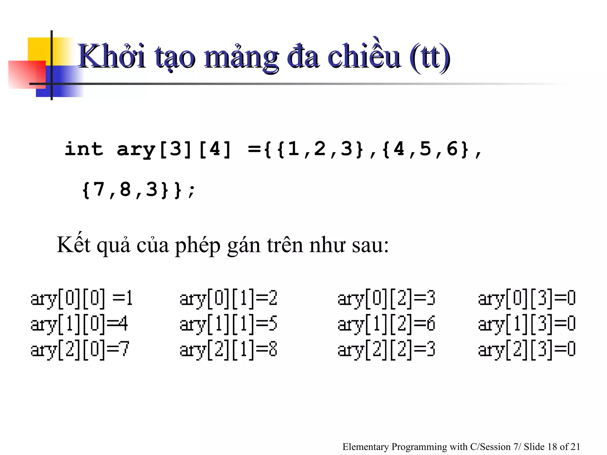 int ary[3][4] ={{1,2,3},{4,5,6},{7,8,3}}; Kết quả của phép gán trên như sau: Khởi tạo mảng đa chiều (tt) 