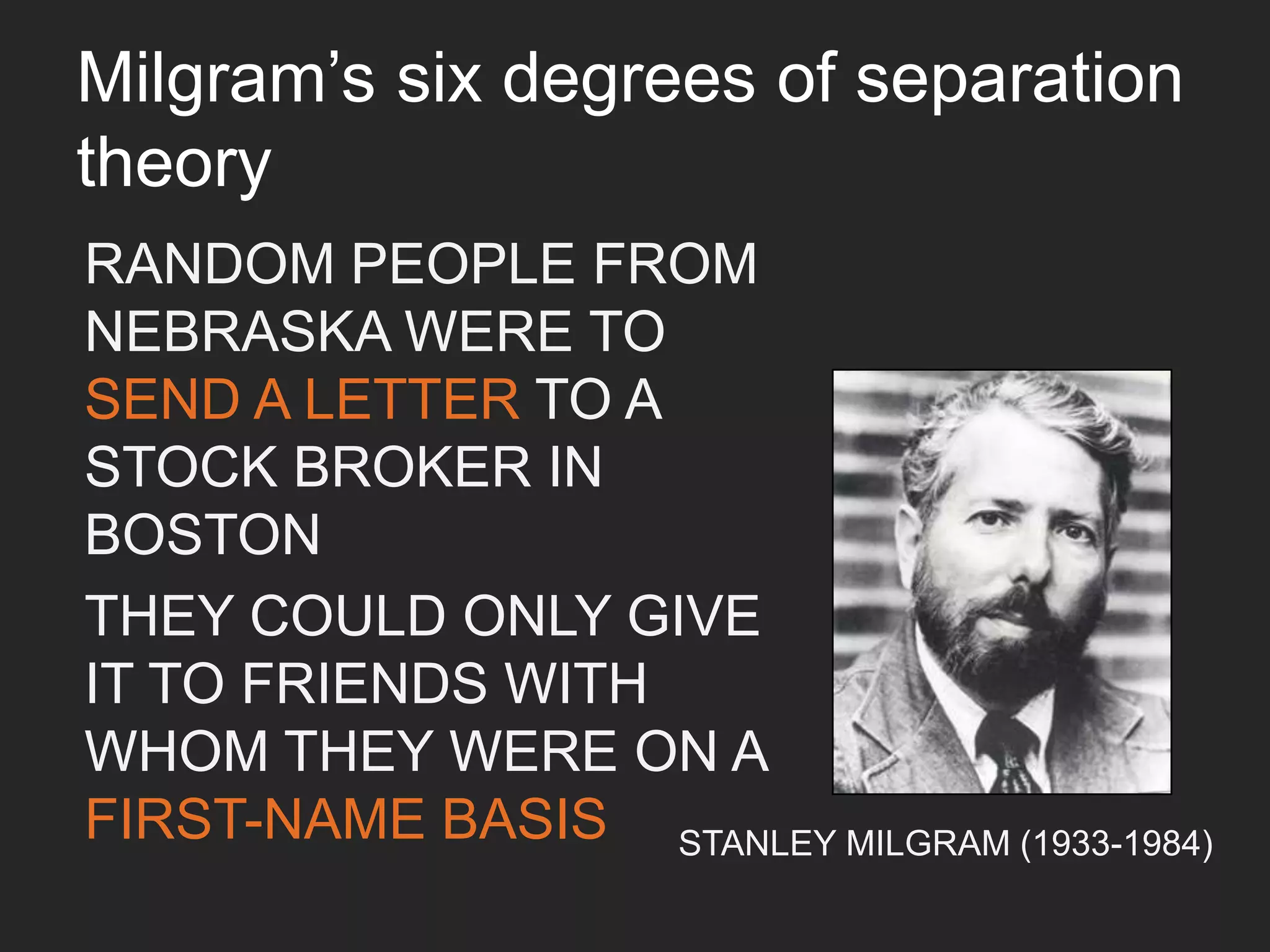 ANYBODY 	

IS CONNECTEDTO 	

EVERYBODY ELSE 	

BY NO MORETHAN 	

SIX DEGREES OF SEPARATION
(ON AVERAGE)	

 