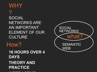 WHY?
SOCIAL NETWORKS
ARE AN IMPORTANT
ELEMENT OF OUR
CULTURE	

what?
How?
16 HOURS OVER 4 DAYS	

THEORY AND PRACTICE	

INTERACTIVE	

SOCIAL NETWORKS	

SEMANTIC WEB	

 