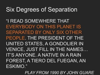 Milgram’s six degrees of separation theory
RANDOM PEOPLE FROM
NEBRASKA WERETO SEND
A LETTERTO A STOCK
BROKER IN BOSTON	

THEY COULD ONLY GIVE IT
TO FRIENDS WITH WHOM
THEY WERE ON A FIRST-
NAME BASIS 	

	

	

STANLEY MILGRAM (1933-1984)	

 