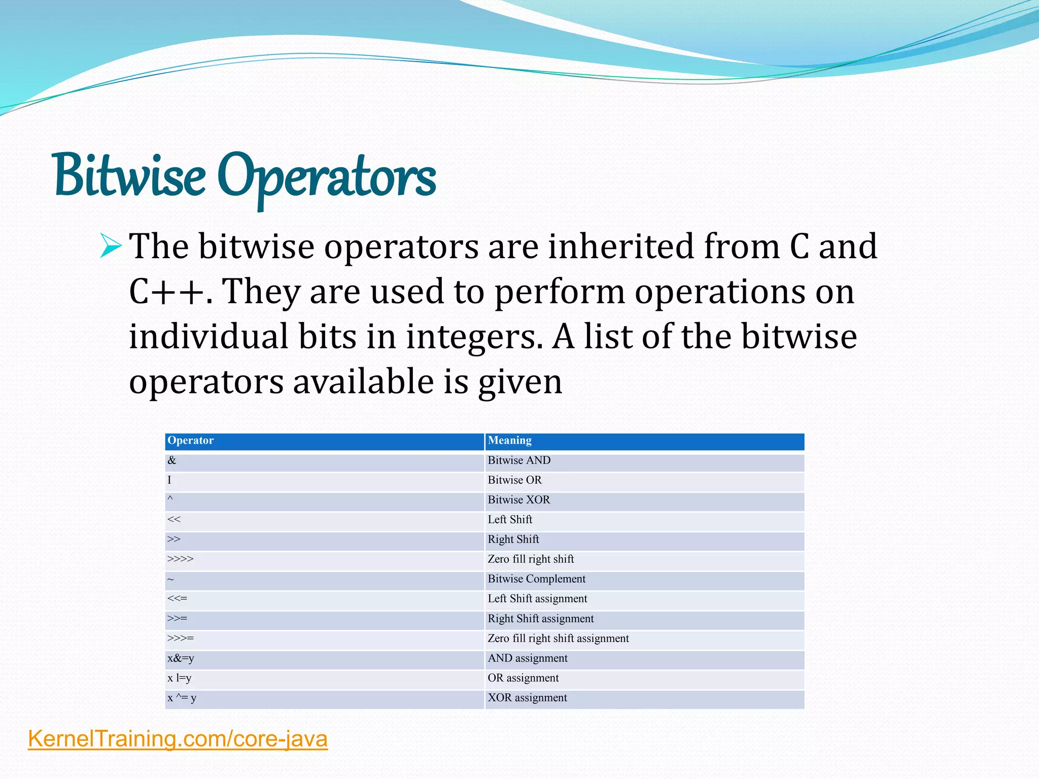 Bitwise Operators
The bitwise operators are inherited from C and
C++. They are used to perform operations on
individual bits in integers. A list of the bitwise
operators available is given
Operator Meaning
& Bitwise AND
I Bitwise OR
^ Bitwise XOR
<< Left Shift
>> Right Shift
>>>> Zero fill right shift
~ Bitwise Complement
<<= Left Shift assignment
>>= Right Shift assignment
>>>= Zero fill right shift assignment
x&=y AND assignment
x l=y OR assignment
x ^= y XOR assignment
KernelTraining.com/core-java
 