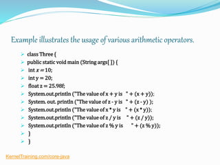 Example illustrates the usage of various arithmetic operators.
 class Three {
 public static void main (String args[ ]) {
 int x = 10;
 int y = 20;
 float z = 25.98f;
 System.out.println ("The value of x + y is " + (x + y));
 System. out. println ("The value of z - y is " + (z - y) );
 System.out.println ("The value of x * y is " + (x * y));
 System.out.println ("The value of z / y is " + (z / y));
 System.out.println ("The value of z % y is " + (z % y));
 }
 }
KernelTraining.com/core-java
 