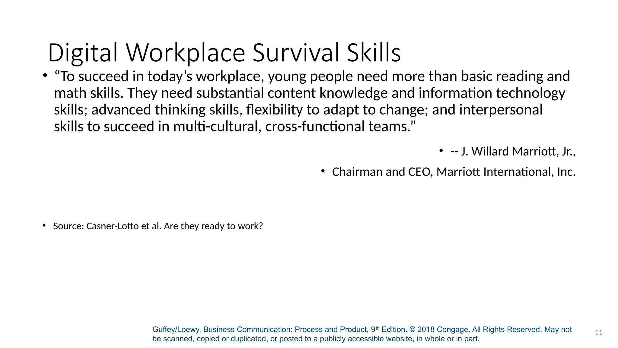 Guffey/Loewy, Business Communication: Process and Product, 9th
Edition. © 2018 Cengage. All Rights Reserved. May not
be scanned, copied or duplicated, or posted to a publicly accessible website, in whole or in part.
11
Digital Workplace Survival Skills
• “To succeed in today’s workplace, young people need more than basic reading and
math skills. They need substantial content knowledge and information technology
skills; advanced thinking skills, flexibility to adapt to change; and interpersonal
skills to succeed in multi-cultural, cross-functional teams.”
• -- J. Willard Marriott, Jr.,
• Chairman and CEO, Marriott International, Inc.
• Source: Casner-Lotto et al. Are they ready to work?
 