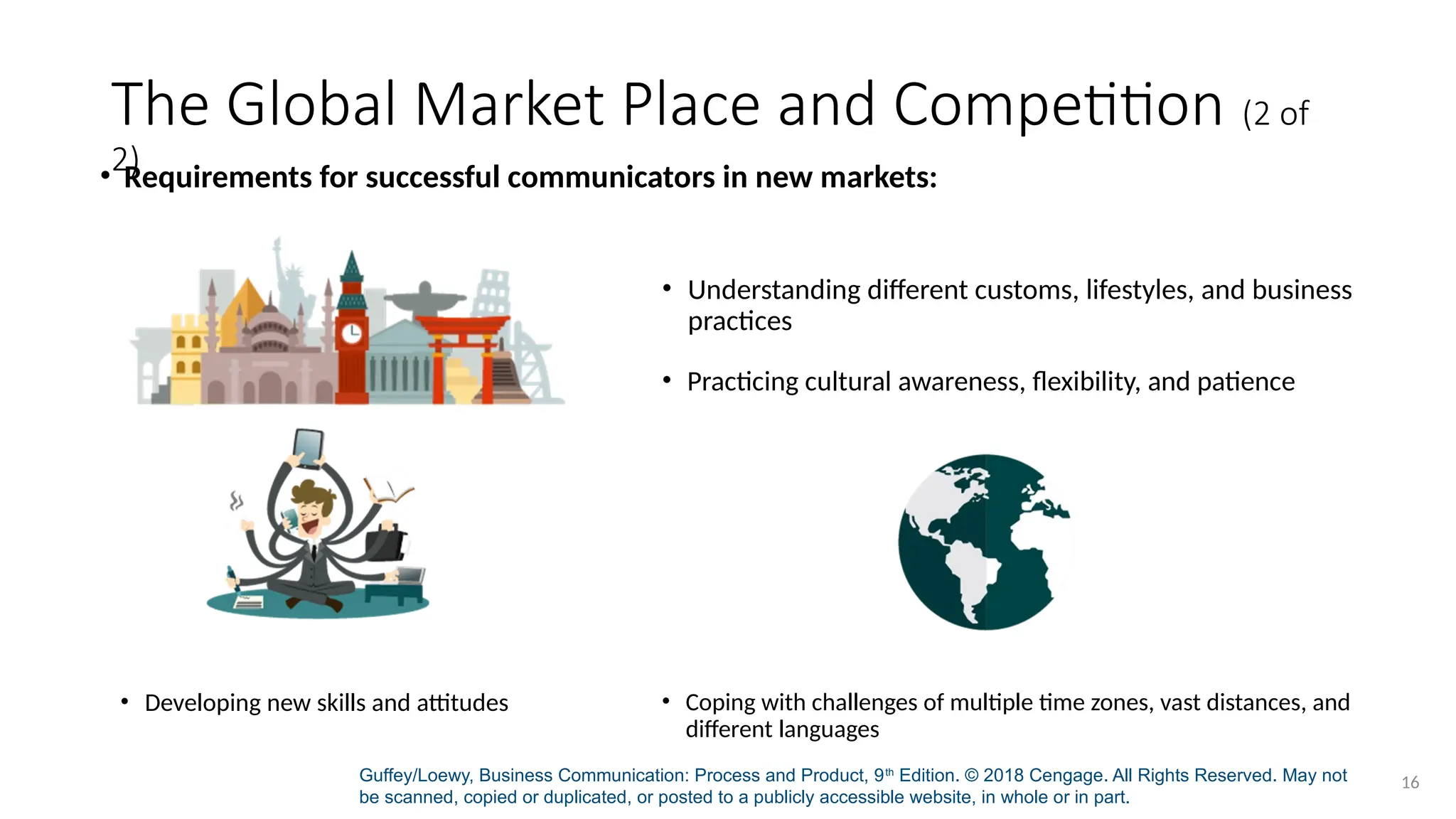 Guffey/Loewy, Business Communication: Process and Product, 9th
Edition. © 2018 Cengage. All Rights Reserved. May not
be scanned, copied or duplicated, or posted to a publicly accessible website, in whole or in part.
16
The Global Market Place and Competition (2 of
2)
• Requirements for successful communicators in new markets:
• Understanding different customs, lifestyles, and business
practices
• Practicing cultural awareness, flexibility, and patience
• Developing new skills and attitudes • Coping with challenges of multiple time zones, vast distances, and
different languages
 