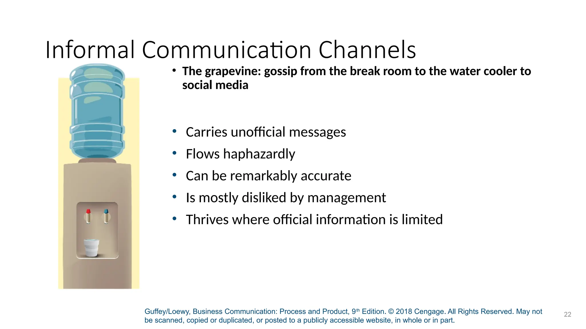 Guffey/Loewy, Business Communication: Process and Product, 9th
Edition. © 2018 Cengage. All Rights Reserved. May not
be scanned, copied or duplicated, or posted to a publicly accessible website, in whole or in part.
22
Informal Communication Channels
• The grapevine: gossip from the break room to the water cooler to
social media
• Carries unofficial messages
• Flows haphazardly
• Can be remarkably accurate
• Is mostly disliked by management
• Thrives where official information is limited
 