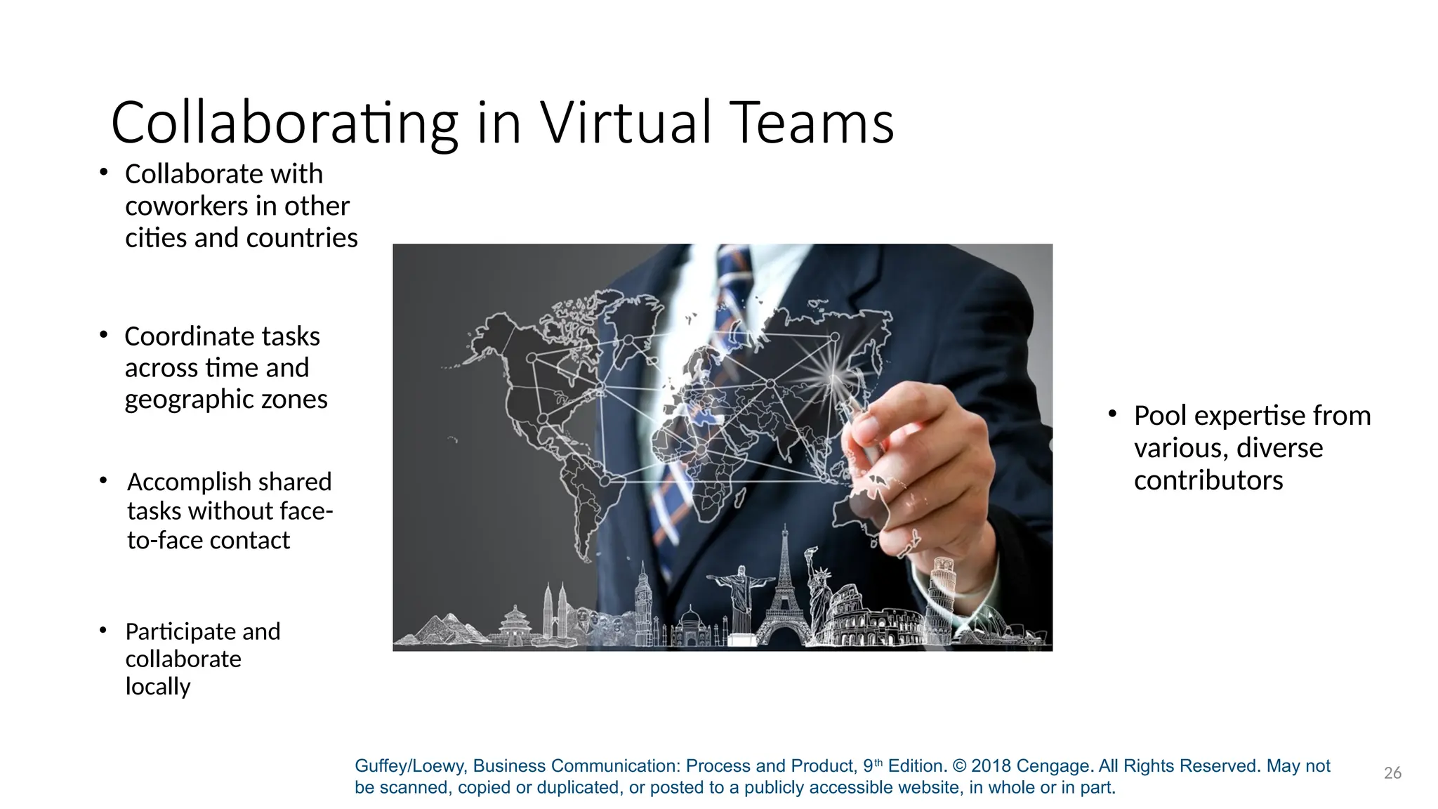 Guffey/Loewy, Business Communication: Process and Product, 9th
Edition. © 2018 Cengage. All Rights Reserved. May not
be scanned, copied or duplicated, or posted to a publicly accessible website, in whole or in part.
26
Collaborating in Virtual Teams
• Collaborate with
coworkers in other
cities and countries
• Coordinate tasks
across time and
geographic zones
• Accomplish shared
tasks without face-
to-face contact
• Participate and
collaborate
locally
• Pool expertise from
various, diverse
contributors
 