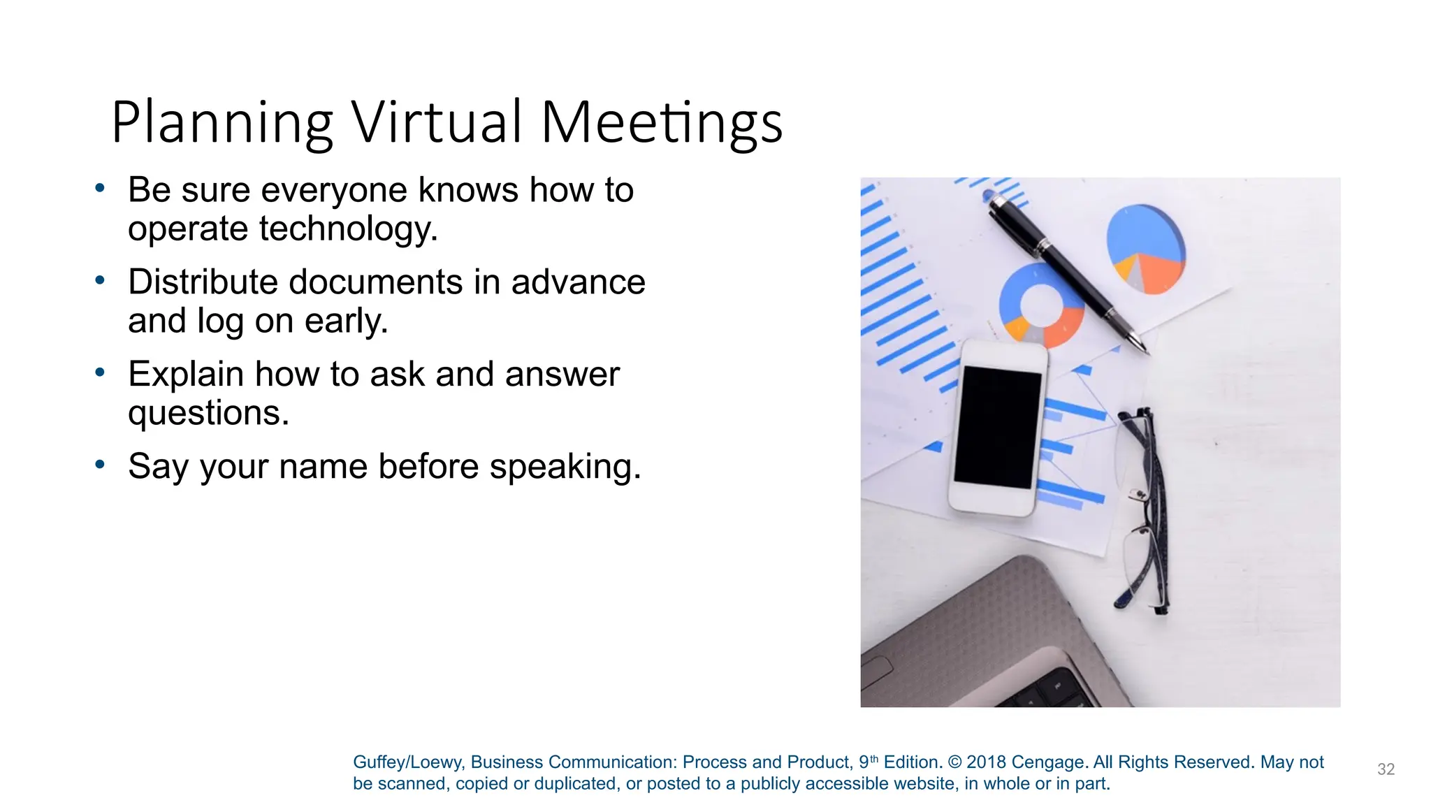 Guffey/Loewy, Business Communication: Process and Product, 9th
Edition. © 2018 Cengage. All Rights Reserved. May not
be scanned, copied or duplicated, or posted to a publicly accessible website, in whole or in part.
32
Planning Virtual Meetings
• Be sure everyone knows how to
operate technology.
• Distribute documents in advance
and log on early.
• Explain how to ask and answer
questions.
• Say your name before speaking.
 