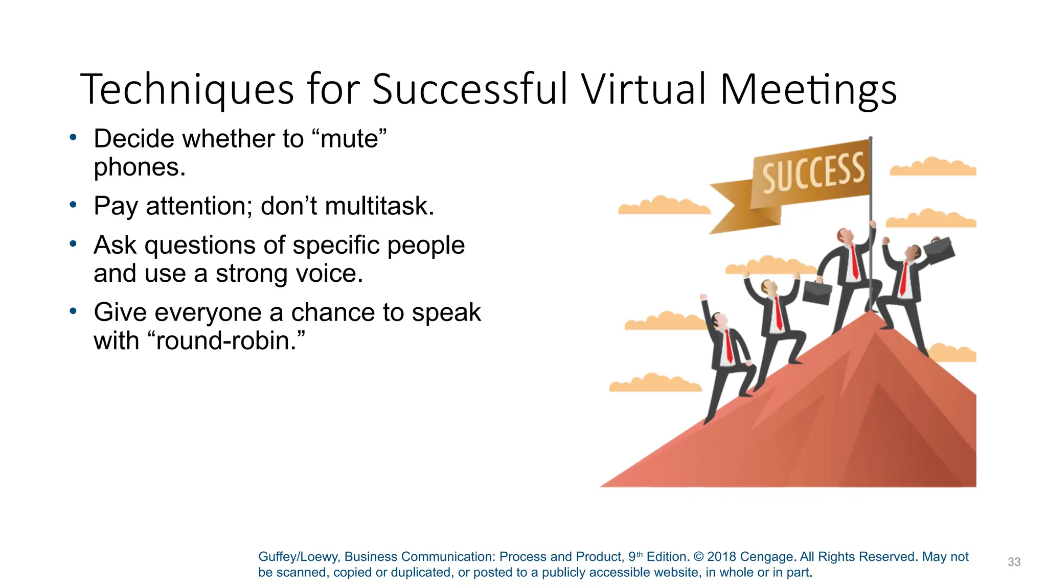Guffey/Loewy, Business Communication: Process and Product, 9th
Edition. © 2018 Cengage. All Rights Reserved. May not
be scanned, copied or duplicated, or posted to a publicly accessible website, in whole or in part.
33
Techniques for Successful Virtual Meetings
• Decide whether to “mute”
phones.
• Pay attention; don’t multitask.
• Ask questions of specific people
and use a strong voice.
• Give everyone a chance to speak
with “round-robin.”
 