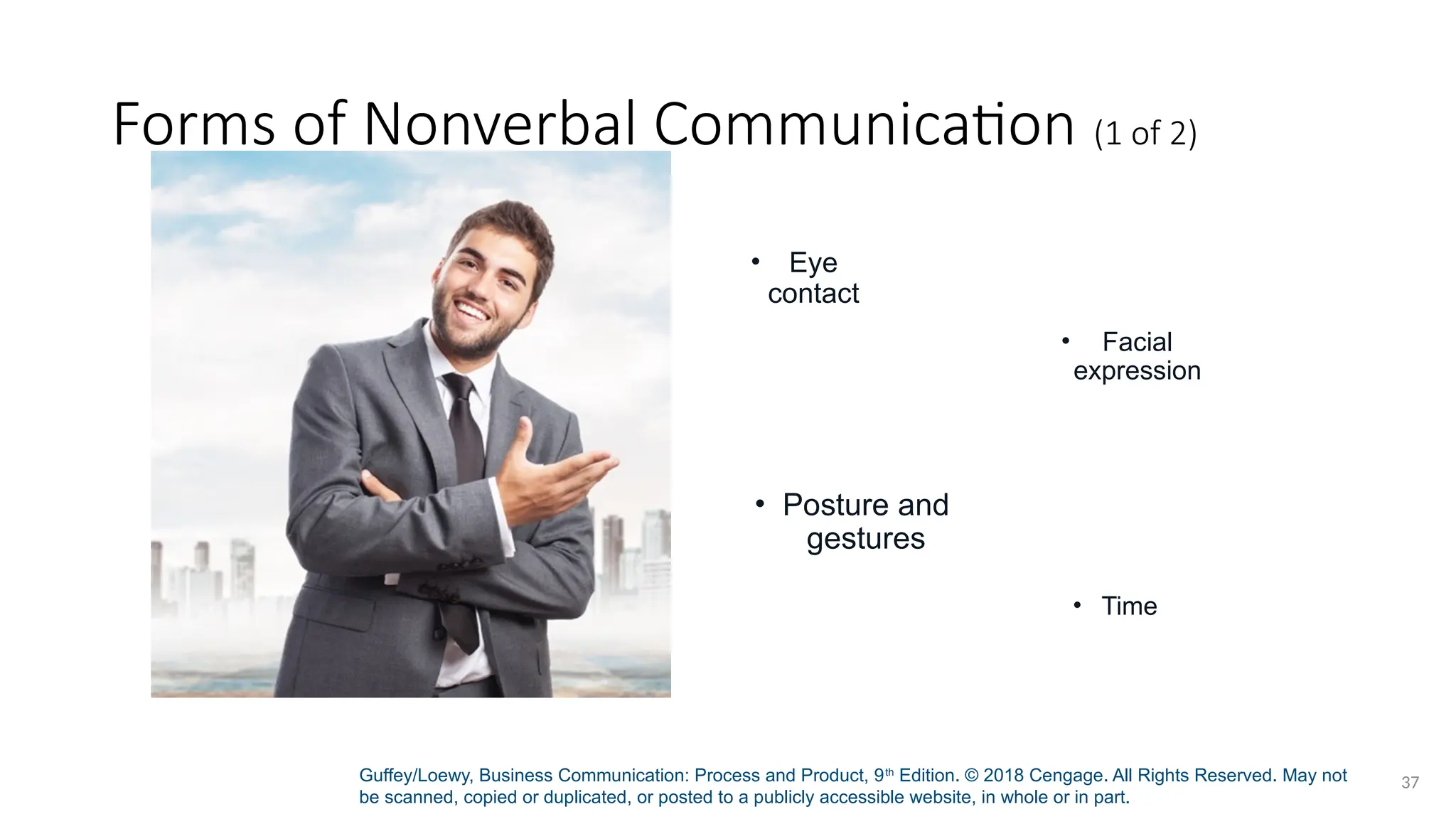 Guffey/Loewy, Business Communication: Process and Product, 9th
Edition. © 2018 Cengage. All Rights Reserved. May not
be scanned, copied or duplicated, or posted to a publicly accessible website, in whole or in part.
37
Forms of Nonverbal Communication (1 of 2)
• Eye
contact
• Facial
expression
• Posture and
gestures
• Time
 