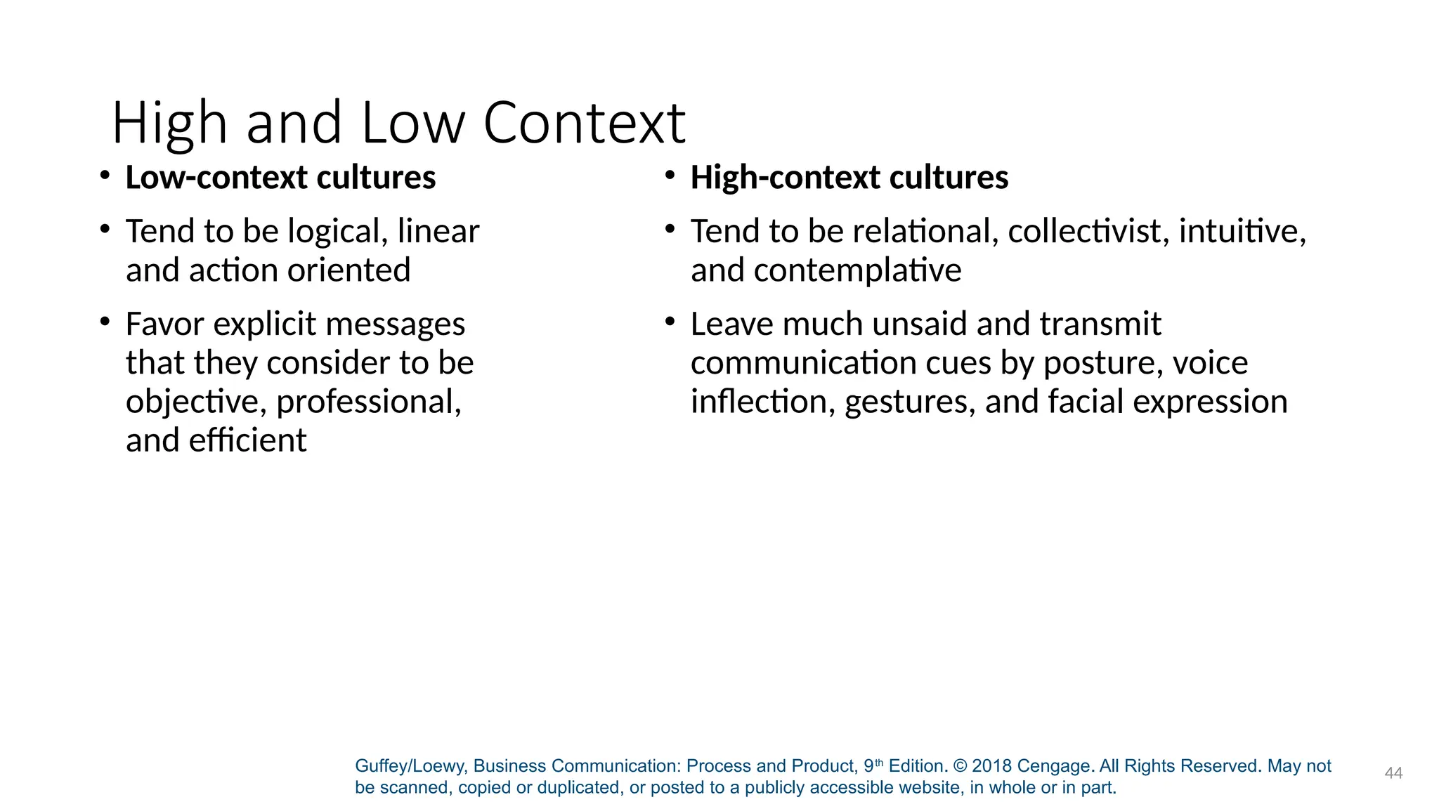 Guffey/Loewy, Business Communication: Process and Product, 9th
Edition. © 2018 Cengage. All Rights Reserved. May not
be scanned, copied or duplicated, or posted to a publicly accessible website, in whole or in part.
44
High and Low Context
• Low-context cultures
• Tend to be logical, linear
and action oriented
• Favor explicit messages
that they consider to be
objective, professional,
and efficient
• High-context cultures
• Tend to be relational, collectivist, intuitive,
and contemplative
• Leave much unsaid and transmit
communication cues by posture, voice
inflection, gestures, and facial expression
 