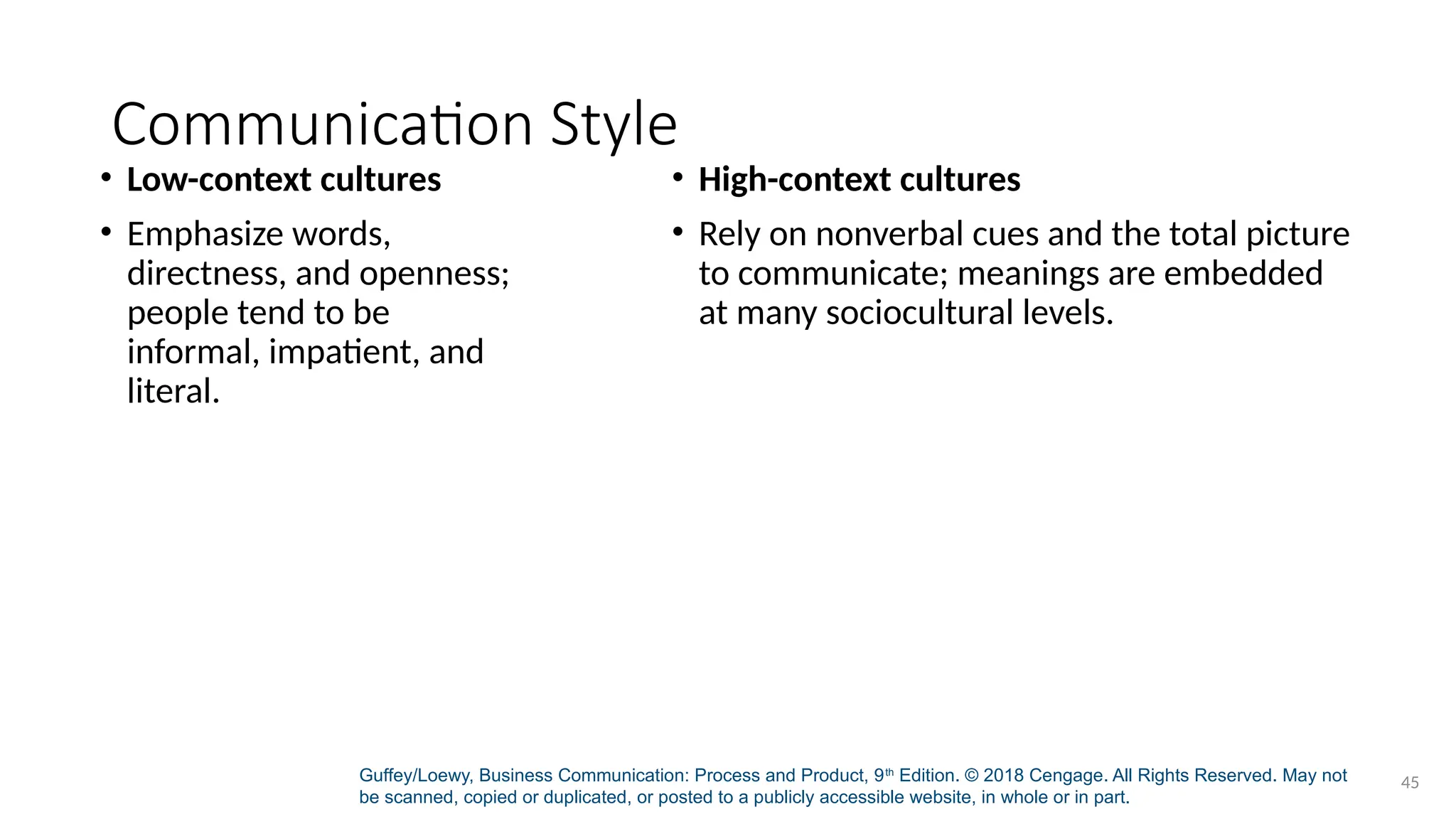 Guffey/Loewy, Business Communication: Process and Product, 9th
Edition. © 2018 Cengage. All Rights Reserved. May not
be scanned, copied or duplicated, or posted to a publicly accessible website, in whole or in part.
45
Communication Style
• Low-context cultures
• Emphasize words,
directness, and openness;
people tend to be
informal, impatient, and
literal.
• High-context cultures
• Rely on nonverbal cues and the total picture
to communicate; meanings are embedded
at many sociocultural levels.
 