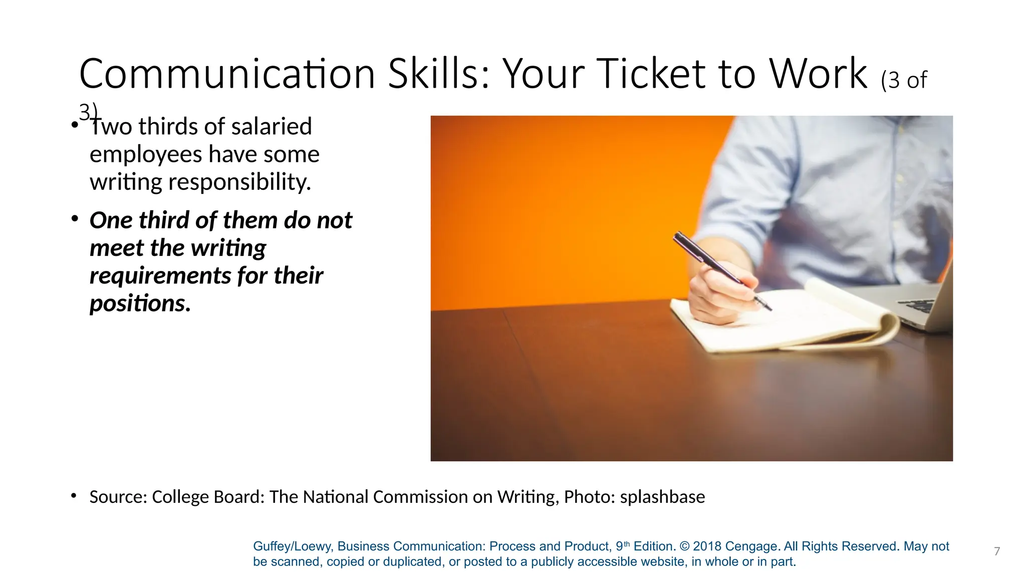 Guffey/Loewy, Business Communication: Process and Product, 9th
Edition. © 2018 Cengage. All Rights Reserved. May not
be scanned, copied or duplicated, or posted to a publicly accessible website, in whole or in part.
7
Communication Skills: Your Ticket to Work (3 of
3)
• Two thirds of salaried
employees have some
writing responsibility.
• One third of them do not
meet the writing
requirements for their
positions.
• Source: College Board: The National Commission on Writing, Photo: splashbase
 