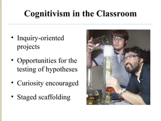 Cognitivism in the Classroom
• Inquiry-oriented
projects
• Opportunities for the
testing of hypotheses
• Curiosity encoura...