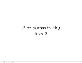 # of saunas in HQ
6 vs. 2
Thursday, November 11, 2010
 