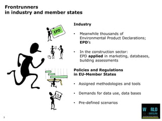 3 
Frontrunners 
in industry and member states 
Industry 
• Meanwhile thousands of 
Environmental Product Declarations; 
EPD’s 
• In the construction sector: 
EPD applied in marketing, databases, 
building assessments 
Policies and Regulations 
in EU-Member States 
• Assigned methodologies and tools 
• Demands for data use, data bases 
• Pre-defined scenarios 
 