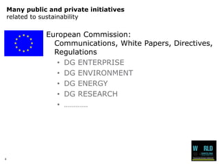 4 
Many public and private initiativesrelated to sustainability 
European Commission: Communications, White Papers, Directives, Regulations 
•DG ENTERPRISE 
•DG ENVIRONMENT 
•DG ENERGY 
•DG RESEARCH 
•…………  