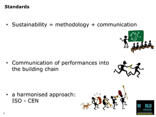 9 
Standards 
• Sustainability = methodology + communication 
• Communication of performances into 
the building chain 
• a harmonised approach: 
ISO - CEN 
 