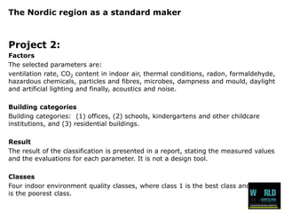 The Nordic region as a standard maker 
Project 2: 
Factors 
The selected parameters are: 
ventilation rate, CO2contentin indoor air, thermalconditions, radon, formaldehyde, hazardouschemicals, particlesand fibres, microbes, dampnessand mould, daylightand artificiallightingand finally, acousticsand noise. 
Building categories 
Building categories: (1) offices, (2) schools, kindergartens and other childcare institutions, and (3) residential buildings. 
Result 
The result of the classification is presented in a report, stating the measured values and the evaluations for each parameter. It is not a design tool. 
Classes 
Four indoor environment quality classes, where class 1 is the best class and class 4 is the poorest class.  