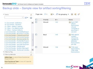 The Premier Event for Software and Systems Innovation



     Backup slide – Sample view for artifact sorting/filtering




55
                                                                         © 2012 IBM Corporation
 