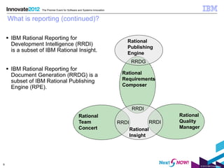 The Premier Event for Software and Systems Innovation


    What is reporting (continued)?

     IBM Rational Reporting for
                                                                              Rational
      Development Intelligence (RRDI)
                                                                              Publishing
      is a subset of IBM Rational Insight.
                                                                              Engine
                                                                                  RRDG
     IBM Rational Reporting for
      Document Generation (RRDG) is a                                       Rational
      subset of IBM Rational Publishing                                     Requirements
      Engine (RPE).                                                         Composer



                                                                                  RRDI
                                                  Rational                                       Rational
                                                  Team                     RRDI           RRDI   Quality
                                                  Concert                         Rational       Manager
                                                                                  Insight




6
                                                                                                            © 2012 IBM Corporation
 