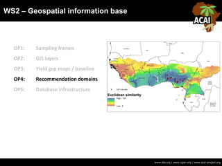 WS2 – Geospatial information base
www.iita.org | www.cgiar.org | www.acai-project.org
OP1: Sampling frames
OP2: GIS layers
OP3: Yield gap maps / baseline
OP4: Recommendation domains
OP5: Database infrastructure
 