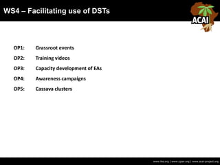 WS4 – Facilitating use of DSTs
www.iita.org | www.cgiar.org | www.acai-project.org
OP1: Grassroot events
OP2: Training videos
OP3: Capacity development of EAs
OP4: Awareness campaigns
OP5: Cassava clusters
 