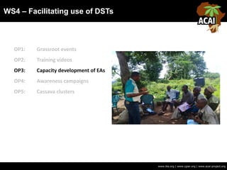 WS4 – Facilitating use of DSTs
www.iita.org | www.cgiar.org | www.acai-project.org
OP1: Grassroot events
OP2: Training videos
OP3: Capacity development of EAs
OP4: Awareness campaigns
OP5: Cassava clusters
 