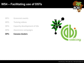WS4 – Facilitating use of DSTs
www.iita.org | www.cgiar.org | www.acai-project.org
OP1: Grassroot events
OP2: Training videos
OP3: Capacity development of EAs
OP4: Awareness campaigns
OP5: Cassava clusters
 