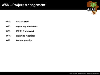 WS6 – Project management
www.iita.org | www.cgiar.org | www.acai-project.org
OP1: Project staff
OP2: reporting framework
OP3: ME&L framework
OP4: Planning meetings
OP5: Communication
 