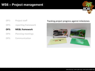 WS6 – Project management
www.iita.org | www.cgiar.org | www.acai-project.org
OP1: Project staff
OP2: reporting framework
OP3: ME&L framework
OP4: Planning meetings
OP5: Communication
Tracking project progress against milestones
 