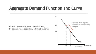 Aggregate Demand Function and Curve
Where C=Consumption; I=Investment;
G=Government spending; NX=Net exports
 