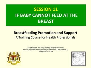 SESSION 11
IF BABY CANNOT FEED AT THE
BREAST
Breastfeeding Promotion and Support
A Training Course for Health Professionals
Adapted from the Baby Friendly Hospital Initiative:
Revised, Updated and Expanded for Integrated Care (Section 3)
WHO/UNICEF 2009
 