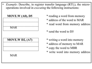 • Example: Describe, in register transfer language (RTL), the micro-
operations involved in executing the following instructions:
MOVE.W (A0), D5 * reading a word from memory
* address of the word to MAR
* read word from memory address
MAR
* send the word to D5
MOVE.W D2, (A7) * writing a word into memory
* address of memory to MAR
* copy the word to MBR
* write word into memory address
MAR
 