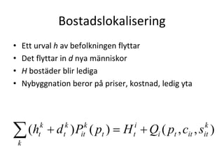 Bostadslokalisering
•       Ett urval h av befolkningen flyttar
•       Det flyttar in d nya människor
•       H bostäder blir lediga
•       Nybyggnation beror på priser, kostnad, ledig yta




∑ (hk
            t
             k
                 + d ) P ( pt ) = H + Qi ( pt , cit , s )
                    t
                     k    k
                         it            t
                                        i                  k
                                                           it
 