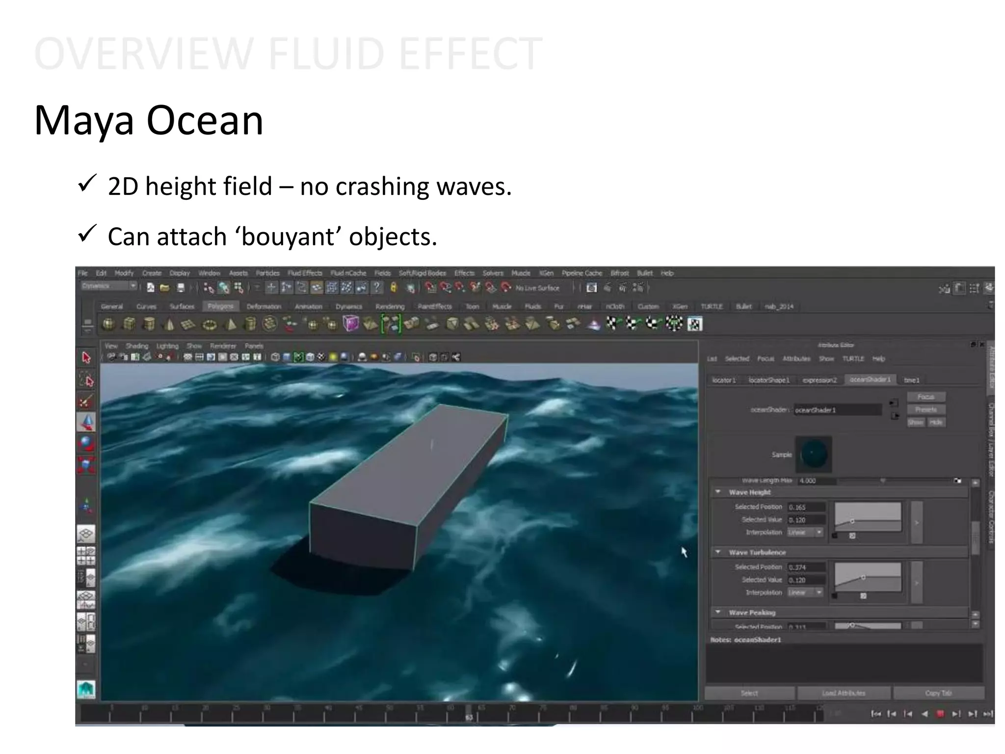 OVERVIEW FLUID EFFECT
Maya Ocean
 2D height field – no crashing waves.
 Can attach ‘bouyant’ objects.
 
