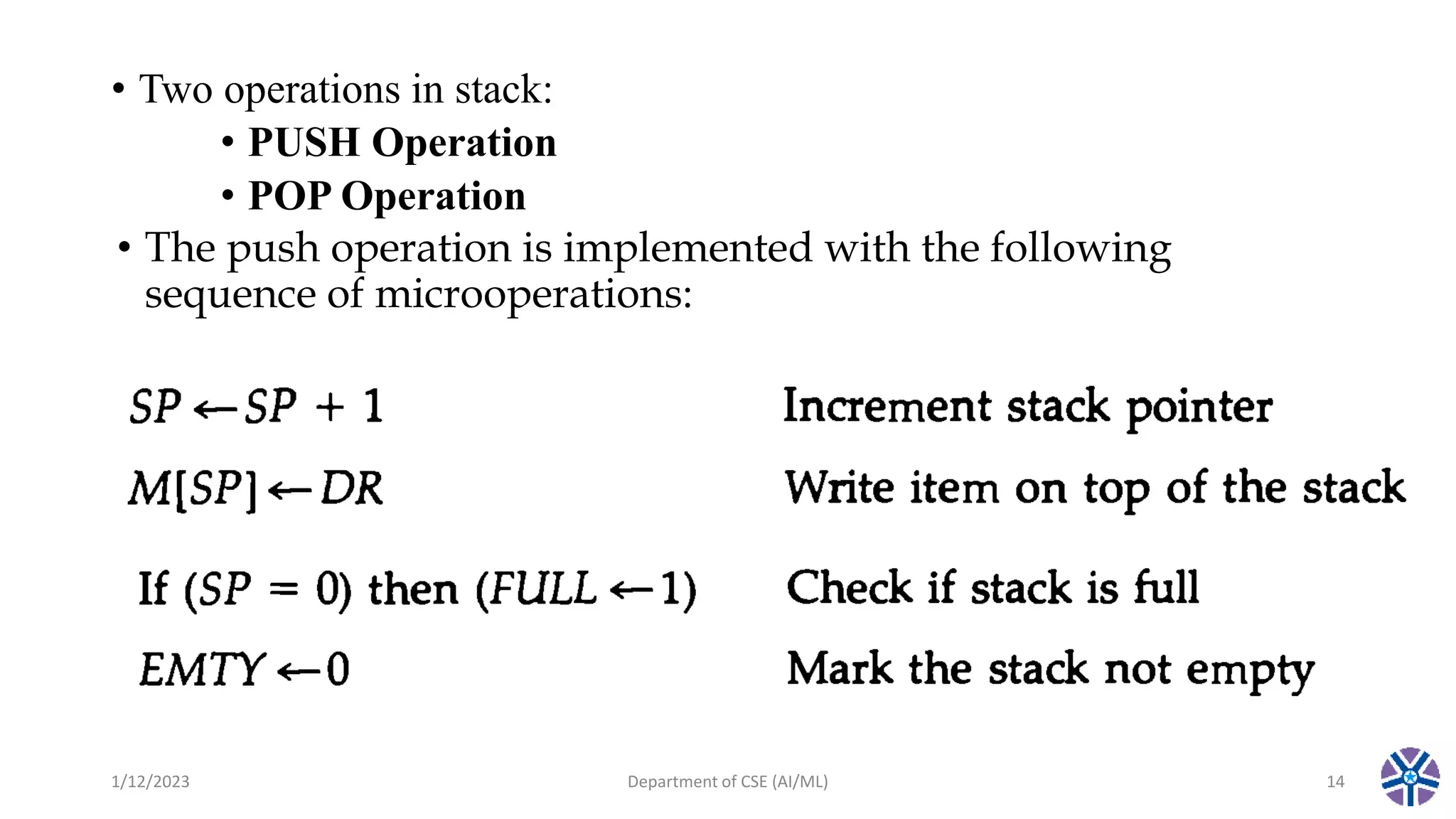• Two operations in stack:
• PUSH Operation
• POP Operation
• The push operation is implemented with the following
sequence of microoperations:
1/12/2023 Department of CSE (AI/ML) 14
 