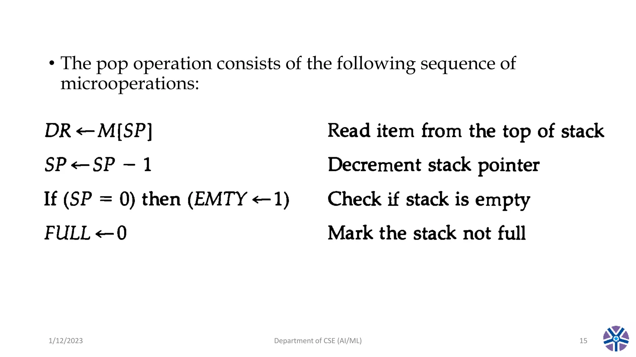• The pop operation consists of the following sequence of
microoperations:
1/12/2023 Department of CSE (AI/ML) 15
 