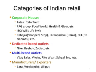 Categories of Indian retail
   Corporate Houses
        Tatas: Tata Trent
        RPG group: Food World, Health & Glow, etc
        ITC: Wills Life Style
        Rahejas(Shoppers Stop), Hiranandani (Haiko), DLF(DT
         cinemas), etc.
   Dedicated brand outlets
        Nike, Reebok, Zodiac, etc
   Multi-brand outlets
        Vijay Sales, Viveks, Ritu Wear, Sehgal Bro, etc.
   Manufacturers/ Exporters
        Bata, Weekender, Lilliput                             13
 