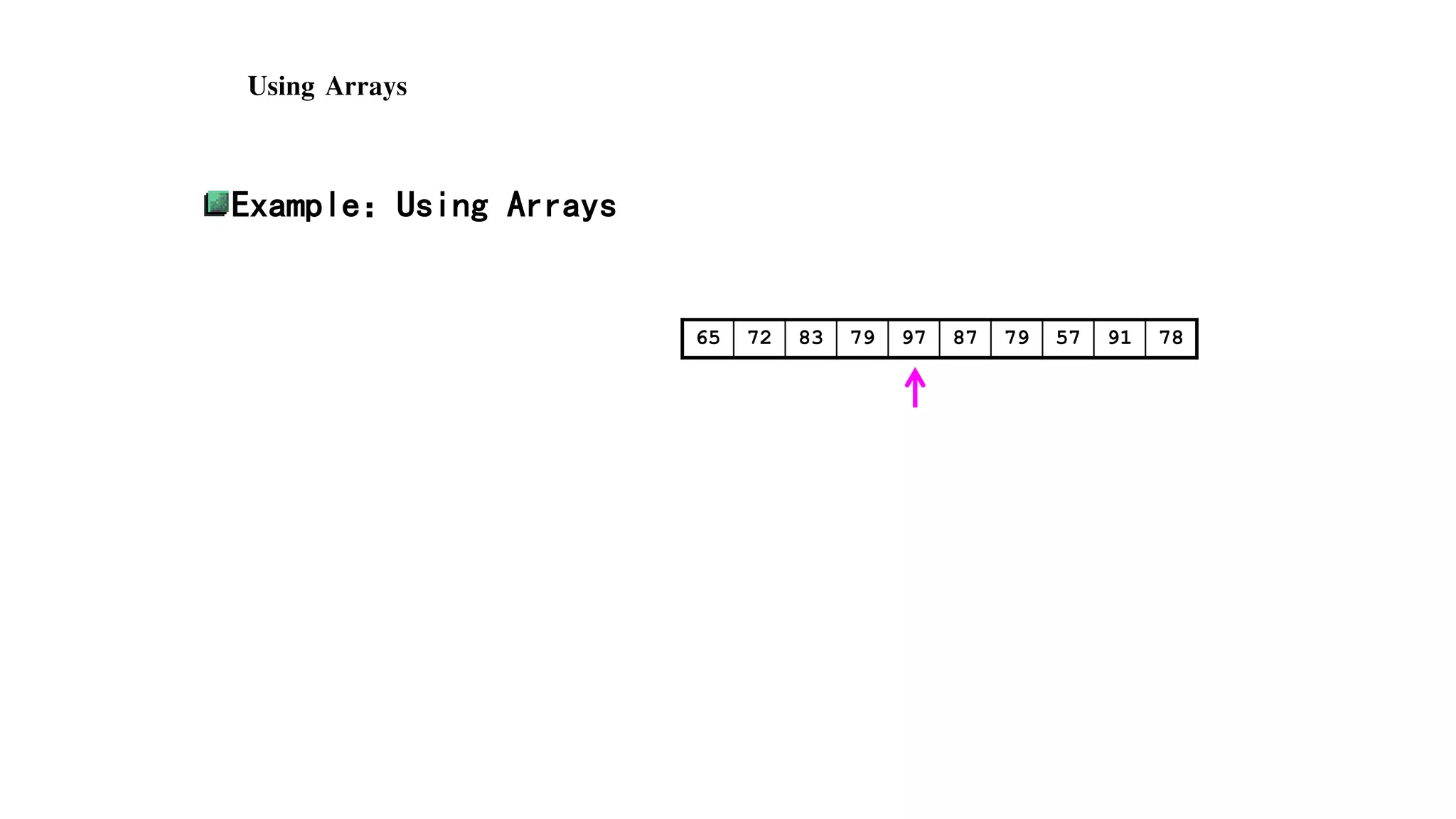 #include <stdio.h>
#define MAX 32
void main()
{ float score[MAX], sum;
int i, best;
printf("Input %d scores:n",MAX);
for (i=0; i<MAX; i++)
scanf("%f", &score[i]);
Using Arrays
Example：Using Arrays
65 72 83 79 97 87 79 57 91 78
 