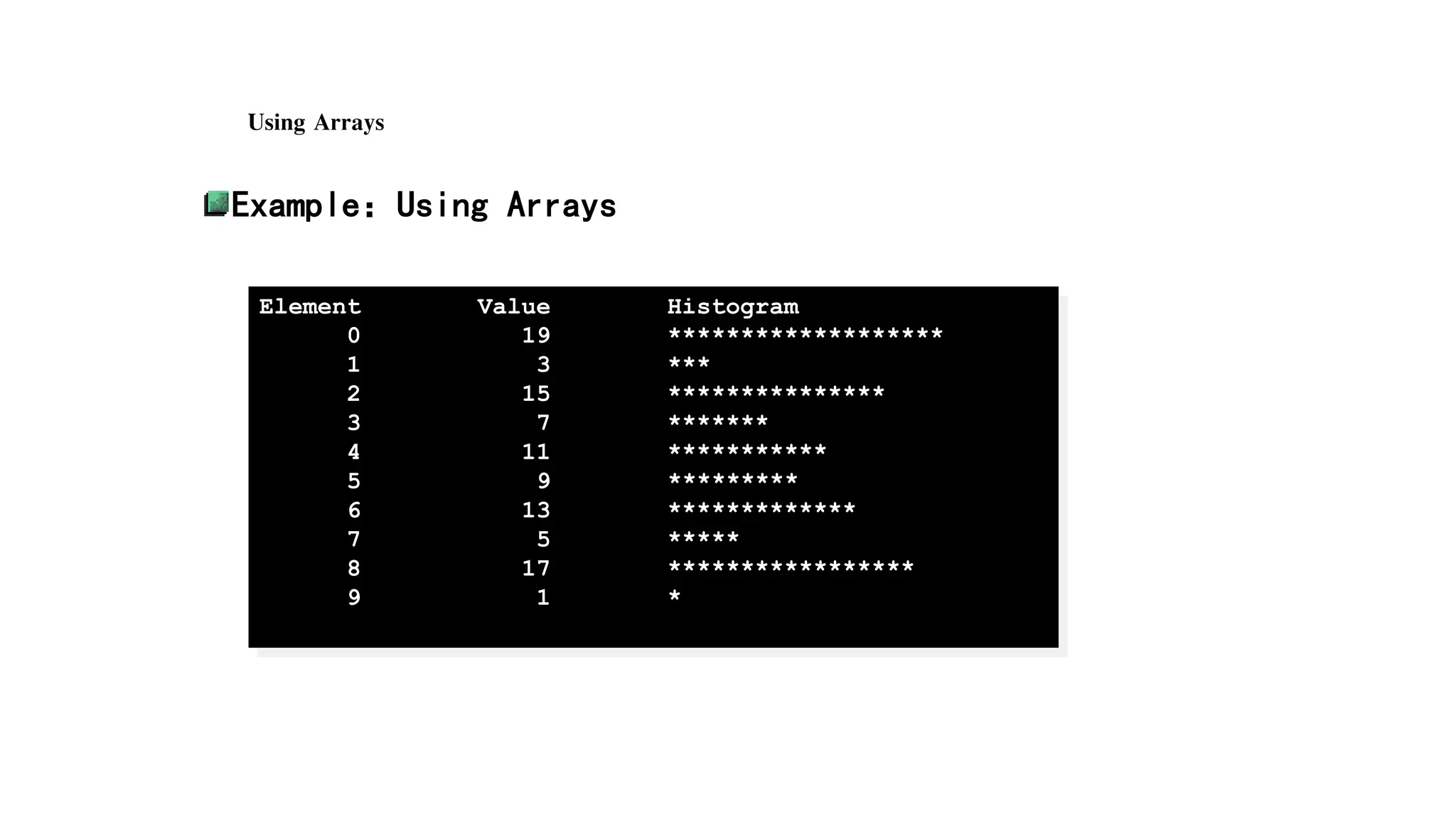 Using Arrays
Example：Using Arrays
Element Value Histogram
0 19 *******************
1 3 ***
2 15 ***************
3 7 *******
4 11 ***********
5 9 *********
6 13 *************
7 5 *****
8 17 *****************
9 1 *
 