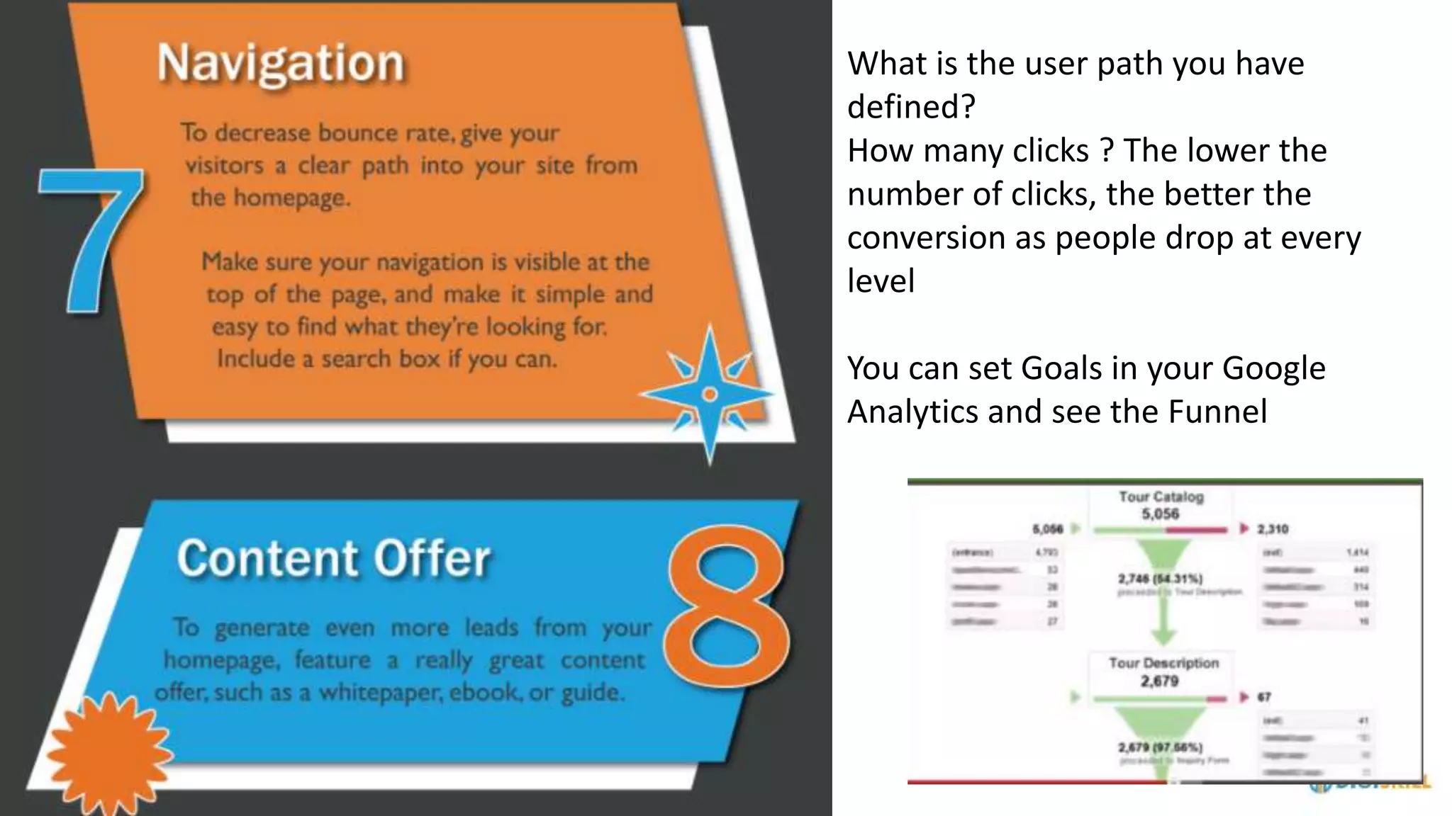What is the user path you have
defined?
How many clicks ? The lower the
number of clicks, the better the
conversion as people drop at every
level
You can set Goals in your Google
Analytics and see the Funnel
 