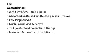 NB:
Microfilariae:
• Measures 225 – 300 x 10 µm
• Sheathed unstained or stained pinkish – mauve
• Few large curves
• Nuclei round and separate
• Tail pointed and no nuclei in the tip
• Periodic: Are nocturnal and diurnal
Saturday, July 13, 2024 8
 