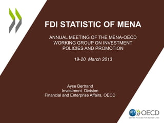 FDI STATISTIC OF MENA
ANNUAL MEETING OF THE MENA-OECD
WORKING GROUP ON INVESTMENT
POLICIES AND PROMOTION
19-20 March 2013
Ayse Bertrand
Investment Division
Financial and Enterprise Affairs, OECD
 