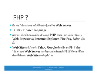 PHP ?
ก F Web Server
PHP ˈ C based language
F ก F PHP ก F ก
Web Browser F Internet Explorer, Fire Fox, Safari ˈWeb Browser F Internet Explorer, Fire Fox, Safari ˈ
F
Web Site ก F Yahoo Google ก F PHP
ก Web Server F F F PHP
ก Web Site ก ก
PROJECTSOFT.BIZ ก WEB APPLICATION F PHP MYSQL
AJAX(JQUERY)
 