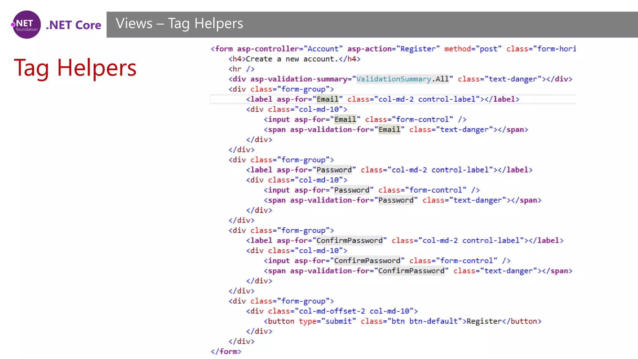 .NET Core
Tag Helpers
Views – Tag Helpers
 