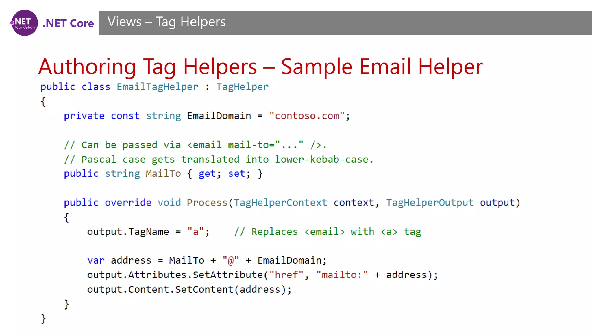 .NET Core
Authoring Tag Helpers – Sample Email Helper
Views – Tag Helpers
 